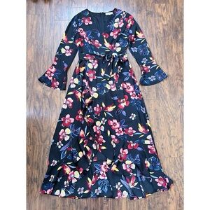 Isla Maude • Anthro Surplice Maxi Dress floral wrap high low ruffle bell sleeve
